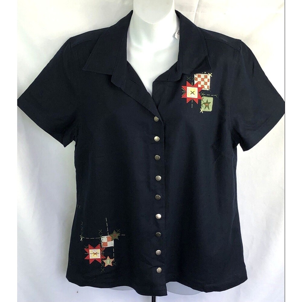 NWT Christopher Banks linen top L navy Snap front Embroidered appliqué Cottage